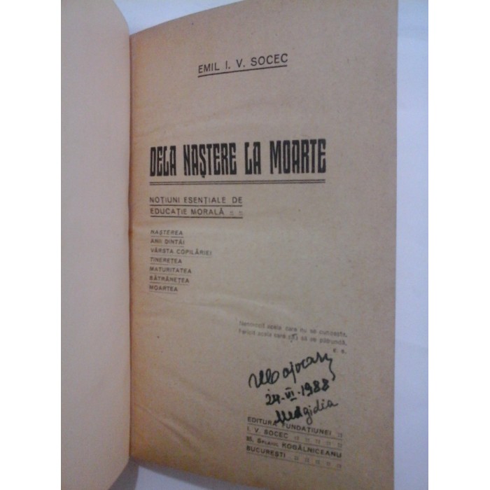  DELA  NASTERE  LA  MOARTE  -  EMIL  I. V. SOCEC